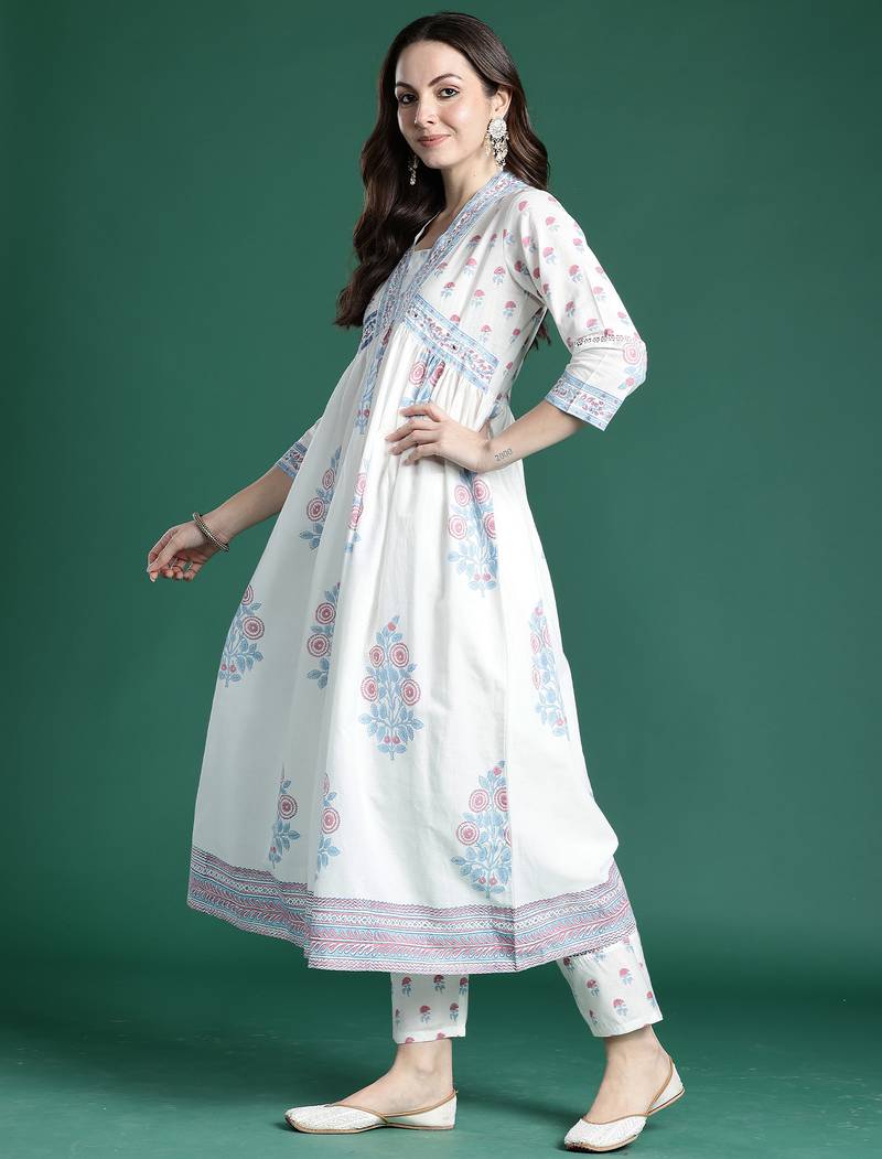 White printed pure cotton kurta trouser dupatta set