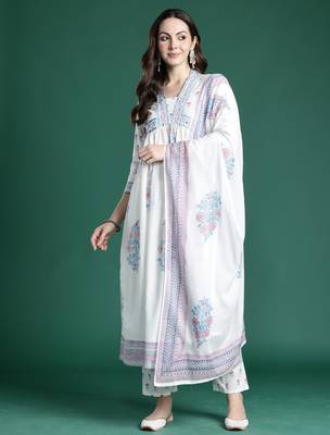 White printed pure cotton kurta trouser dupatta set 4