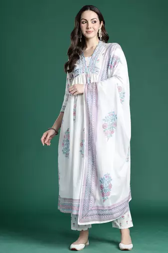 White printed pure cotton kurta trouser dupatta set