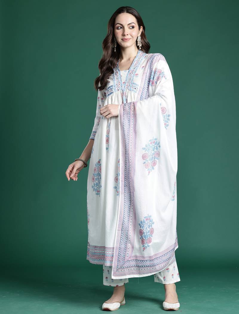 White printed pure cotton kurta trouser dupatta set