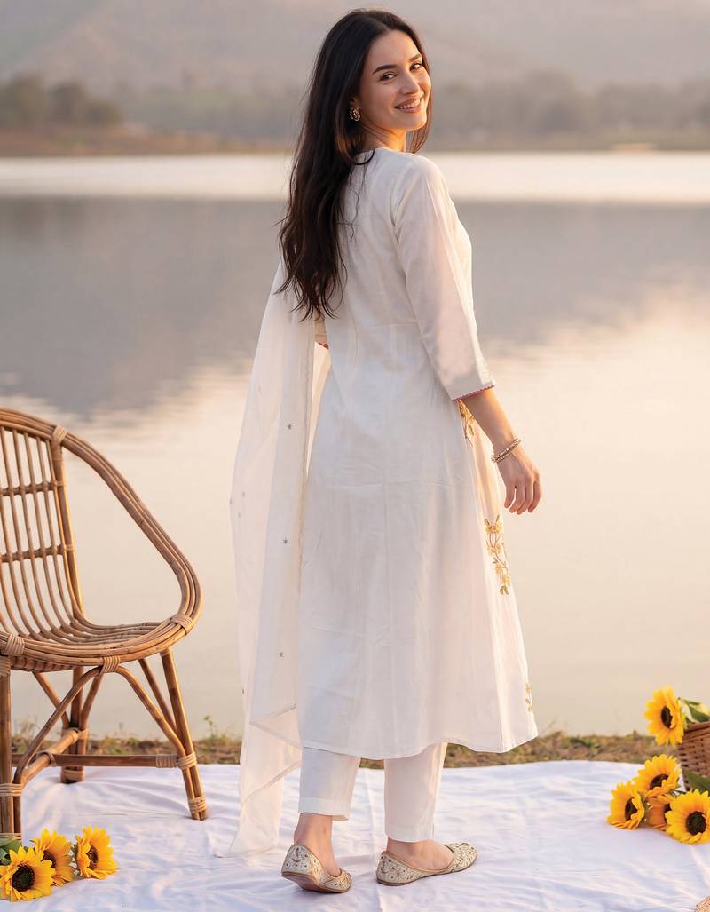 Off white embroidered pure cotton kurta trouser dupatta set