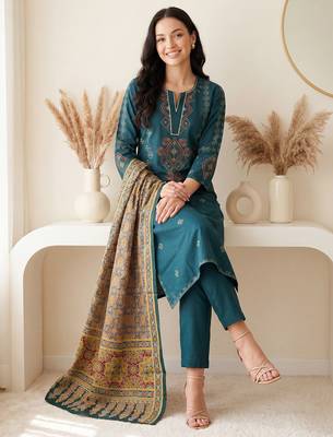 Teal embroidered pure cotton kurta trouser dupatta set 1