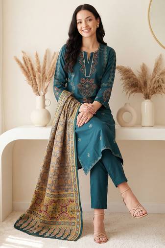 Teal embroidered pure cotton kurta trouser dupatta set