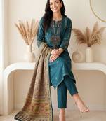 Teal embroidered pure cotton kurta trouser dupatta set