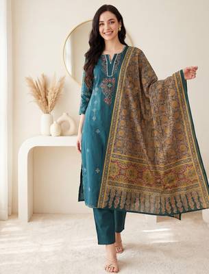Teal embroidered pure cotton kurta trouser dupatta set 2