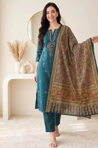 Teal embroidered pure cotton kurta trouser dupatta set