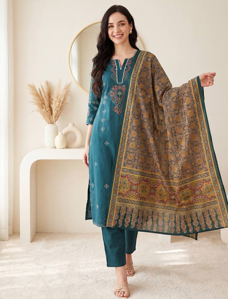 Teal embroidered pure cotton kurta trouser dupatta set
