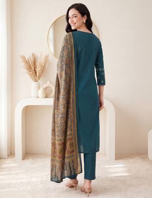 Teal embroidered pure cotton kurta trouser dupatta set 3