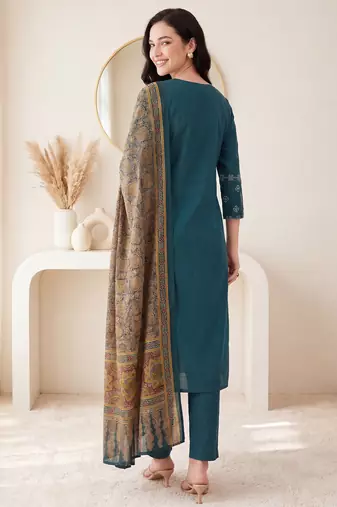 Teal embroidered pure cotton kurta trouser dupatta set