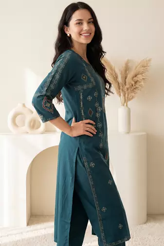 Teal embroidered pure cotton kurta trouser dupatta set