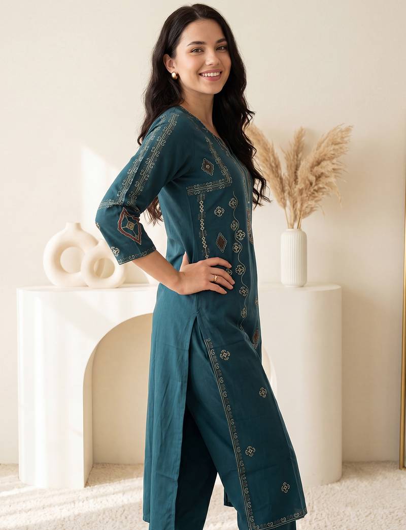 Teal embroidered pure cotton kurta trouser dupatta set