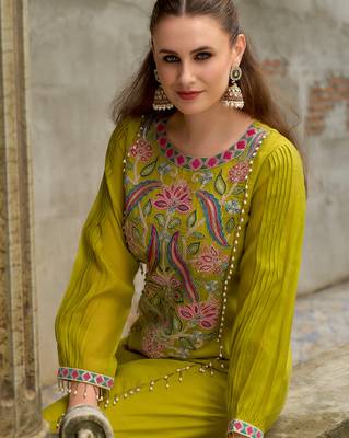 Yellow embroidered silk blend kurta trouser dupatta set 1