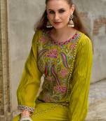 Yellow embroidered silk blend kurta trouser dupatta set