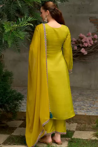 Yellow embroidered silk blend kurta trouser dupatta set