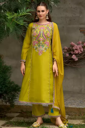 Yellow embroidered silk blend kurta trouser dupatta set