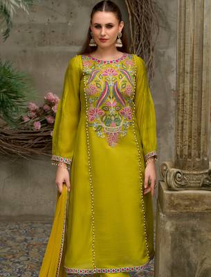 Yellow embroidered silk blend kurta trouser dupatta set 4