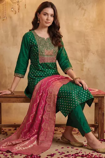 Green embroidered silk blend kurta trouser dupatta set