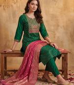Green embroidered silk blend kurta trouser dupatta set
