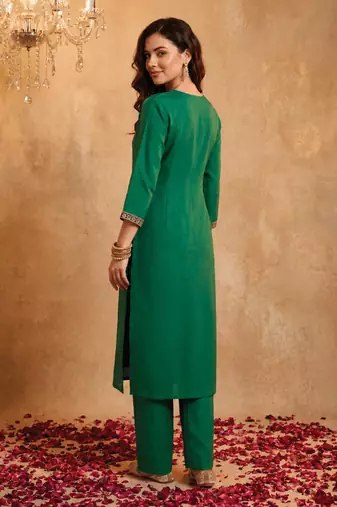 Green embroidered silk blend kurta trouser dupatta set