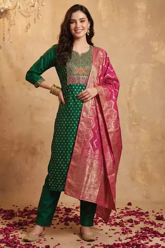 Green embroidered silk blend kurta trouser dupatta set