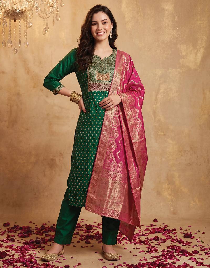 Green embroidered silk blend kurta trouser dupatta set