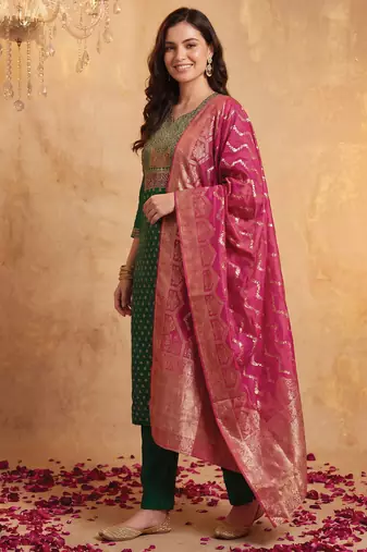 Green embroidered silk blend kurta trouser dupatta set
