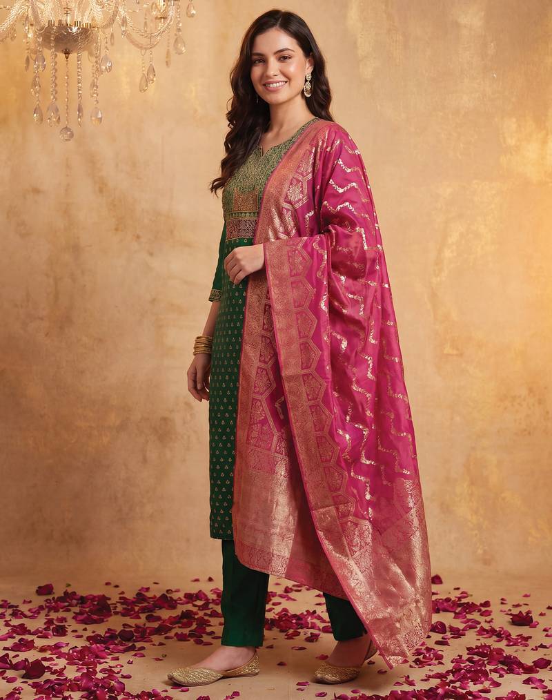 Green embroidered silk blend kurta trouser dupatta set