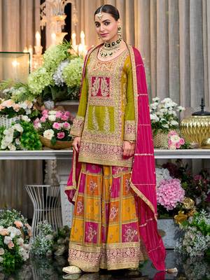 Multicolor embroidered chinon kurta trouser dupatta set 1