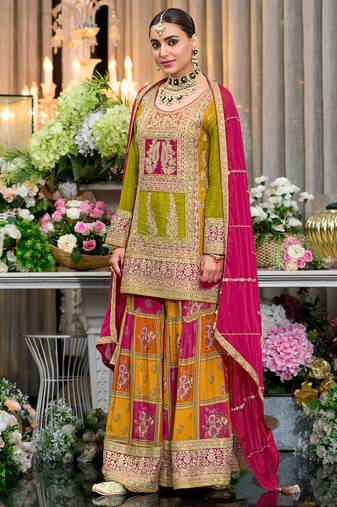 Multicolor embroidered chinon kurta trouser dupatta set