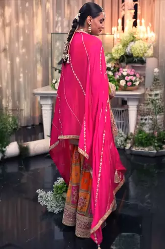 Multicolor embroidered chinon kurta trouser dupatta set