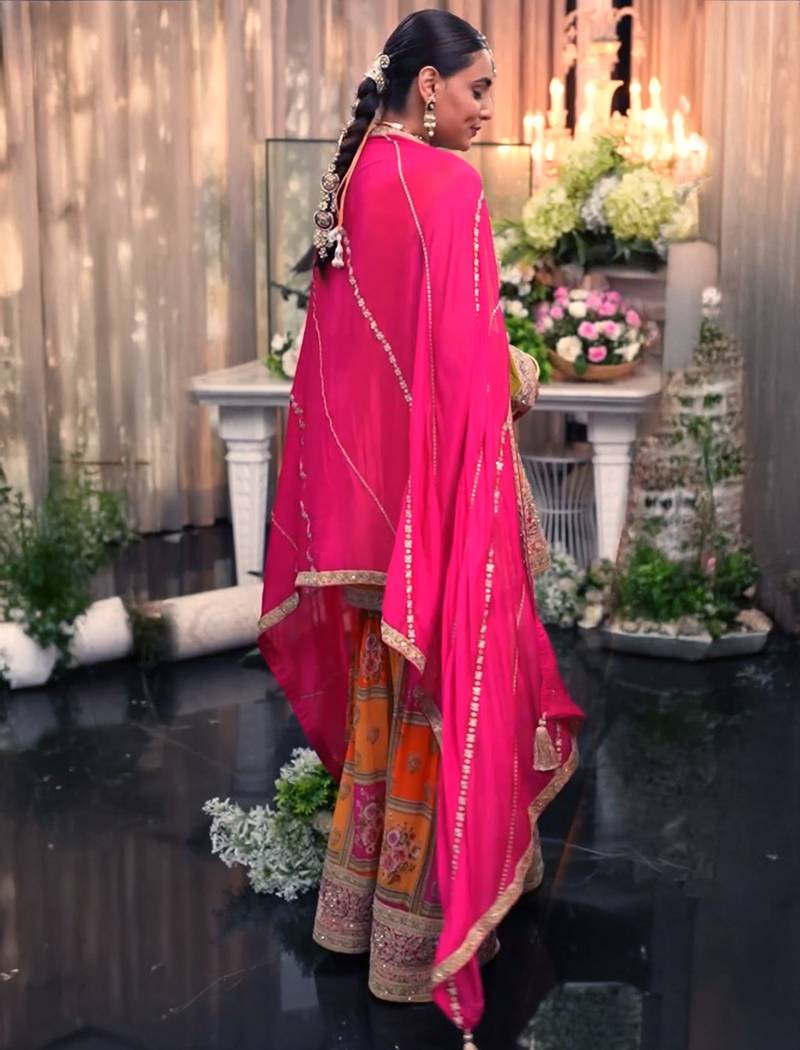 Multicolor embroidered chinon kurta trouser dupatta set