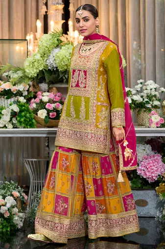 Multicolor embroidered chinon kurta trouser dupatta set