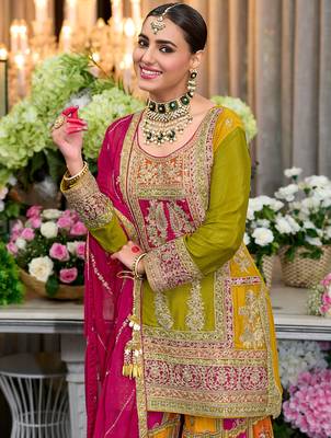 Multicolor embroidered chinon kurta trouser dupatta set 4