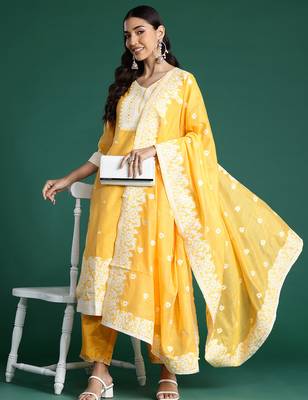 Yellow woven design chanderi silk kurta trouser dupatta set 1