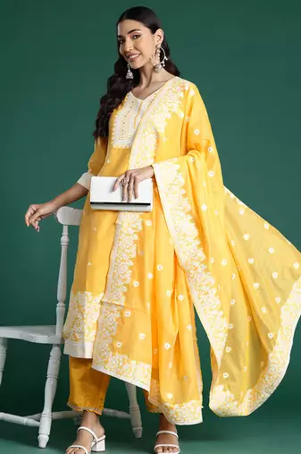 Yellow woven design chanderi silk kurta trouser dupatta set