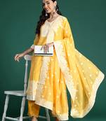 Yellow woven design chanderi silk kurta trouser dupatta set