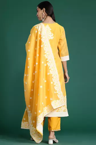Yellow woven design chanderi silk kurta trouser dupatta set