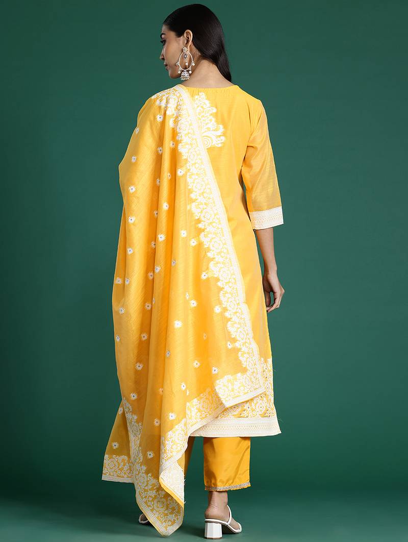 Yellow woven design chanderi silk kurta trouser dupatta set