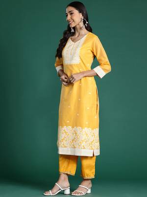 Yellow woven design chanderi silk kurta trouser dupatta set 3