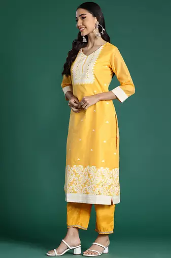 Yellow woven design chanderi silk kurta trouser dupatta set