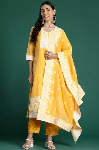 Yellow woven design chanderi silk kurta trouser dupatta set