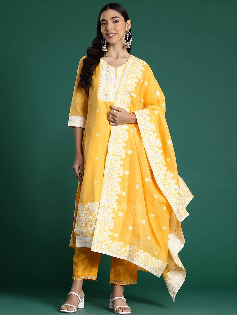 Yellow woven design chanderi silk kurta trouser dupatta set