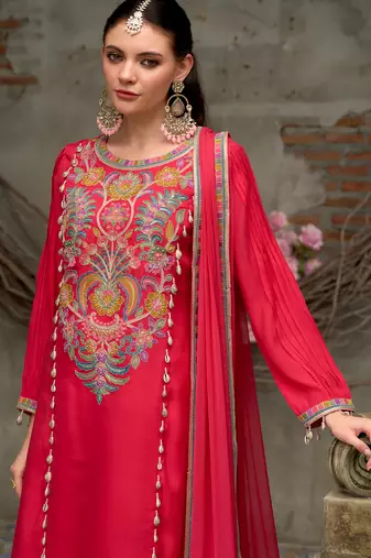 Pink embroidered silk blend kurta trouser dupatta set
