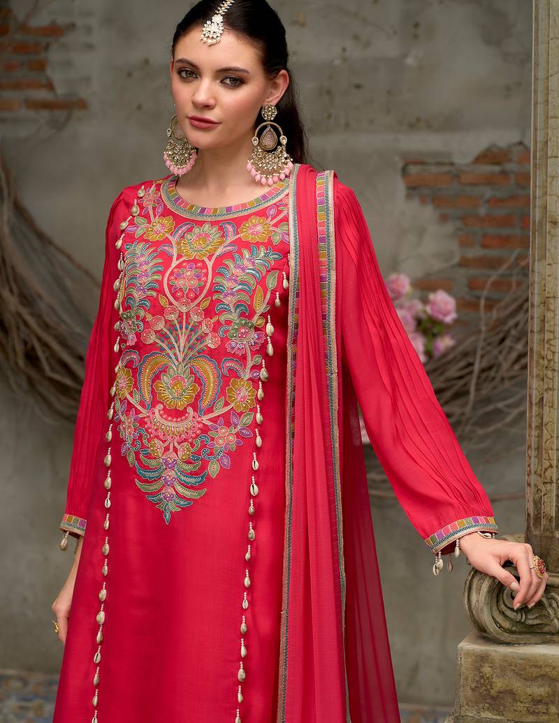Pink embroidered silk blend kurta trouser dupatta set