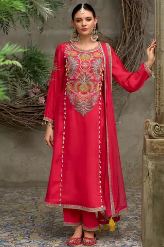 Pink embroidered silk blend kurta trouser dupatta set