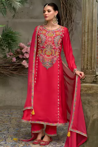 Pink embroidered silk blend kurta trouser dupatta set