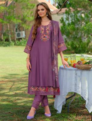 Purple embroidered liva kurta trouser dupatta set 3