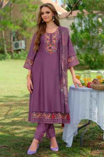 Purple embroidered liva kurta trouser dupatta set