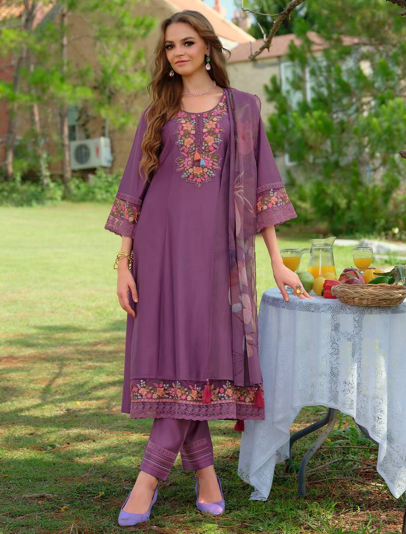 Purple embroidered liva kurta trouser dupatta set