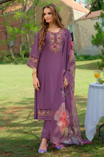 Purple embroidered liva kurta trouser dupatta set